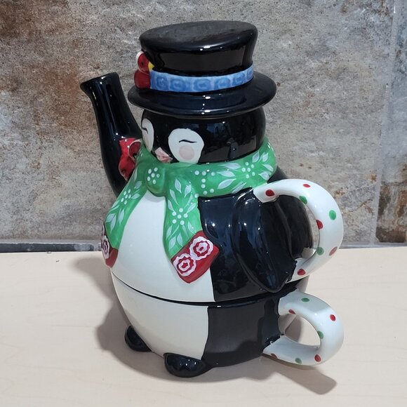 Temptations by Tara 3 Piece Ceramic Stacking Penguin Teapot Mug Cup Set - Picture 7 of 14